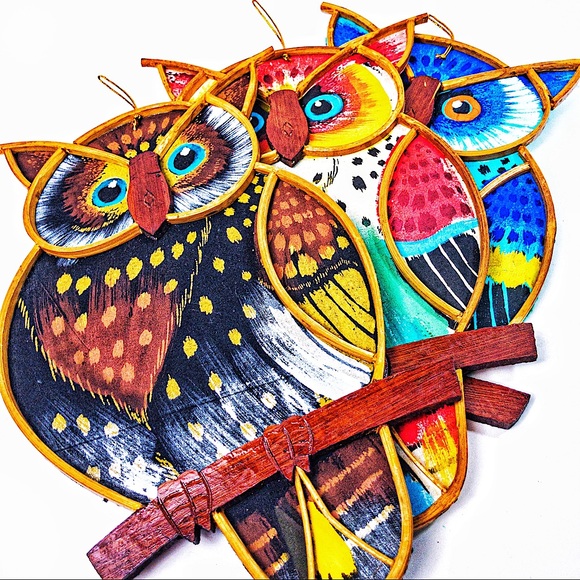 Set of 3 Hand Painted Owls - Wall Decor